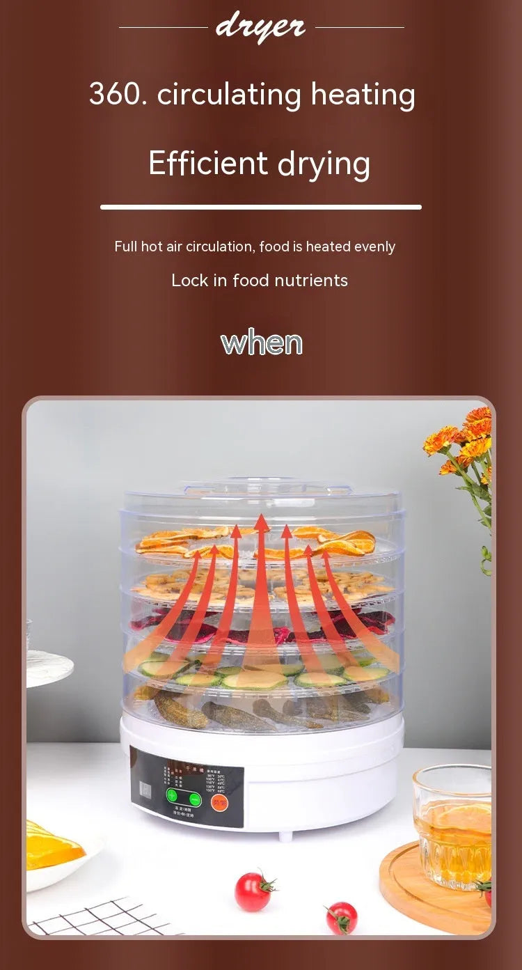 Five-layer household fruit dehydrator food dryer with multiple drying trays and adjustable temperature control
