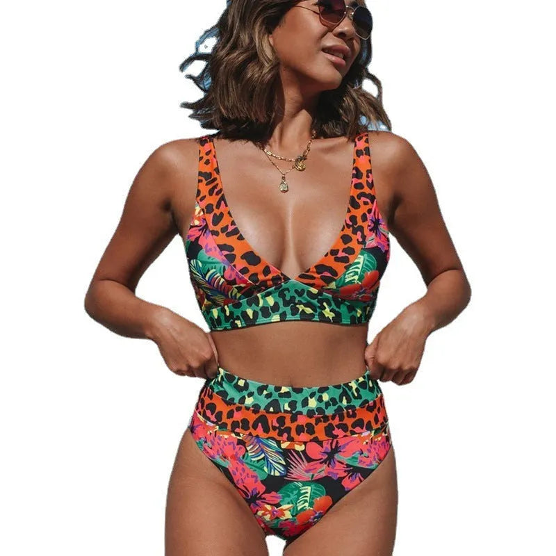 Women's floral print high-waist bikini set with adjustable straps in displayed colours