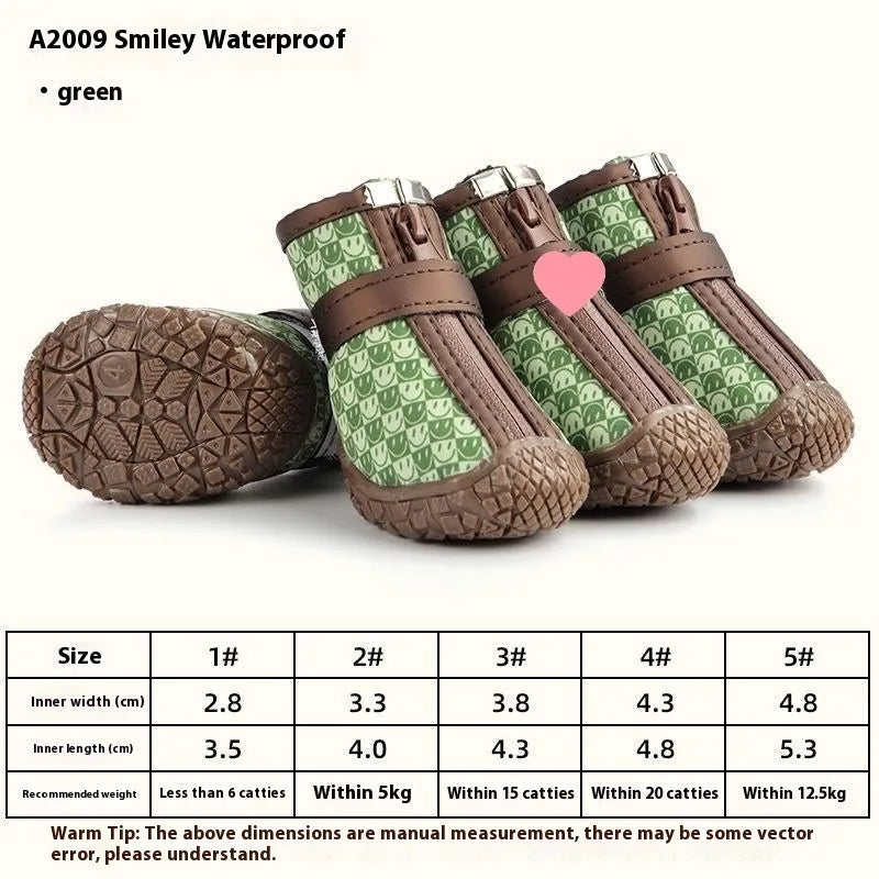 Waterproof non-slip breathable dog shoes in five sizes and nine colours, set of four