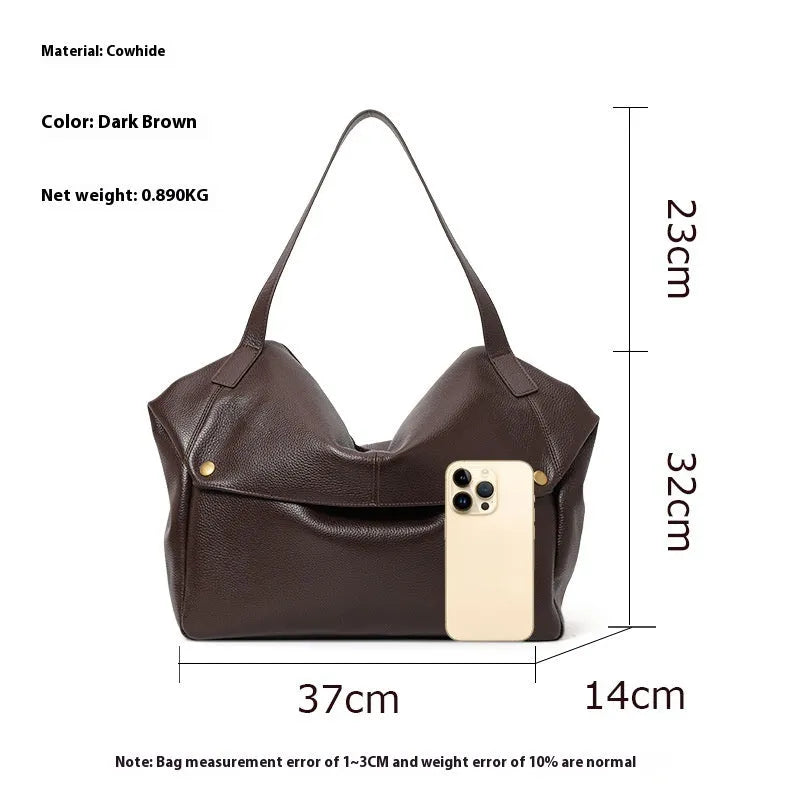 Brown genuine leather women's commuter shoulder bag with horizontal square design and zippered interior compartment