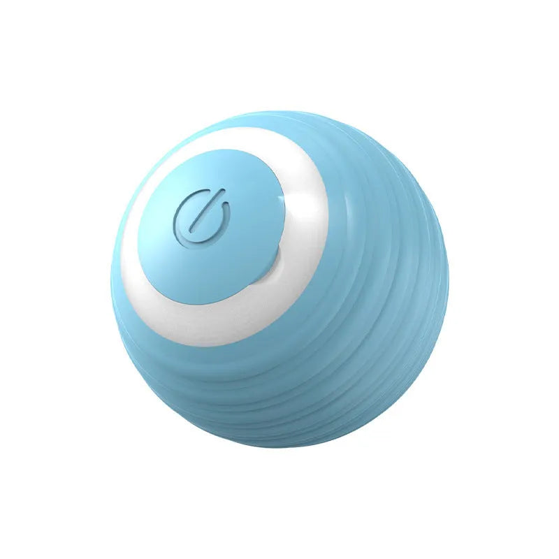 Blue automatic moving silicone ball cat toy with charging cable on hard floor