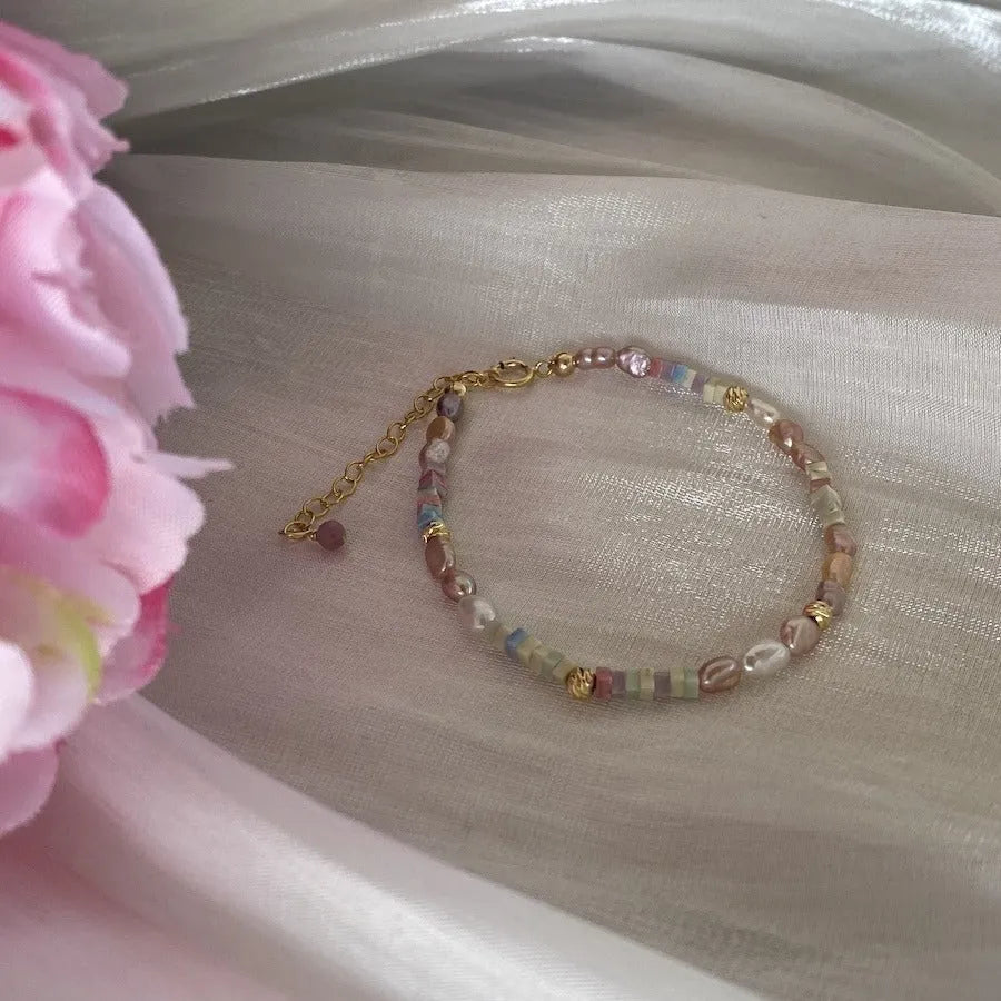 Women's natural pearl bracelet and necklace set with 14K gold plating and purple silver pearls
