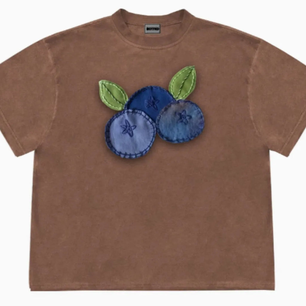 Blueberry patchwork design on a loose-fit ice oxygen cotton short sleeve t-shirt.