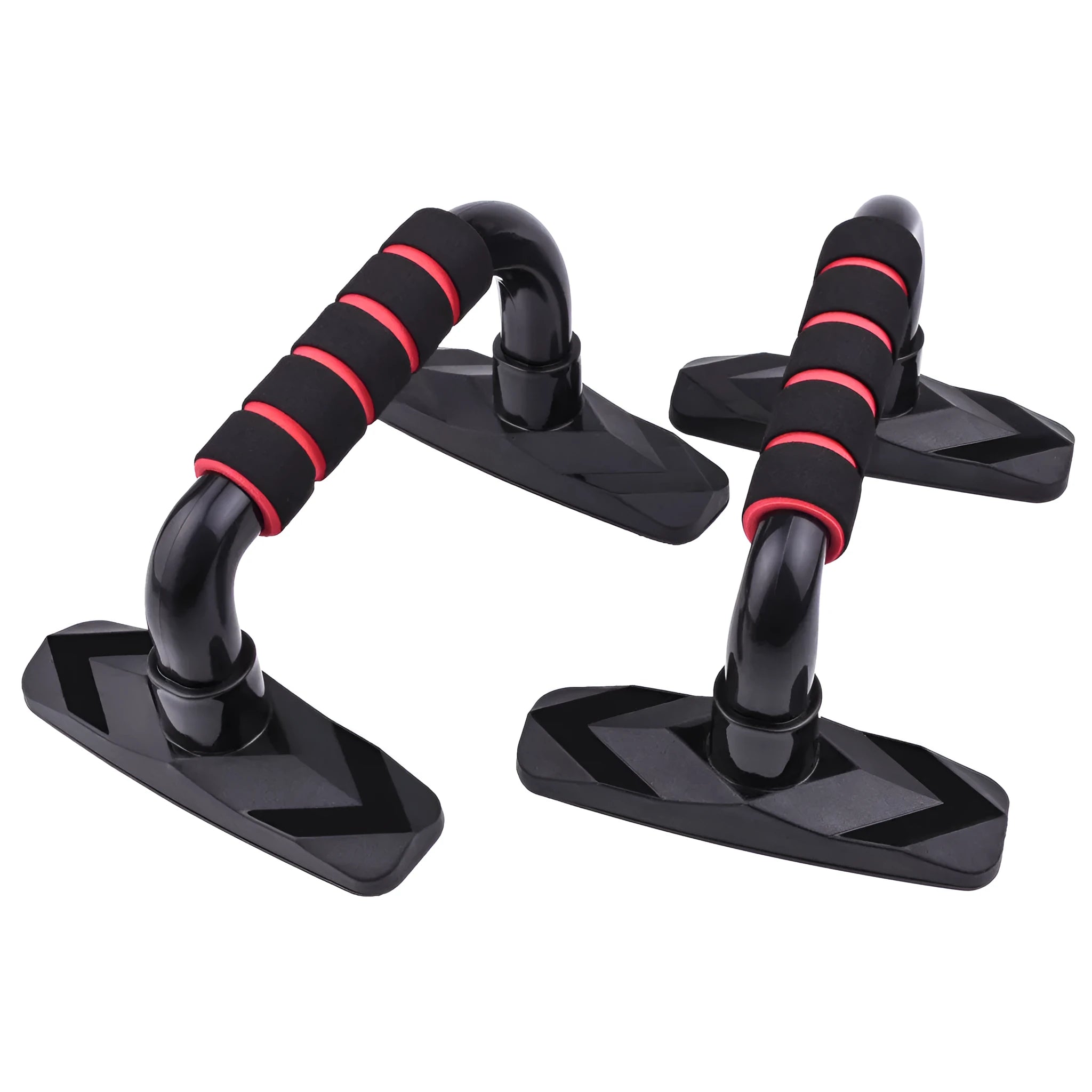 Pair of I-shaped push up bars with coloured PP sponge coating for home fitness training.
