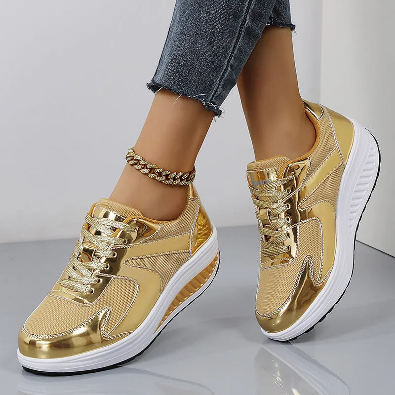 Women's gold mesh platform shoes with cross-strap design and English muffin heel