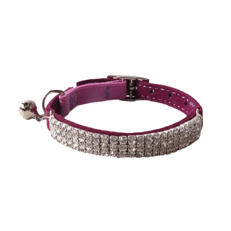Flocking cat collar with elastic buckle in assorted colours on a white background.