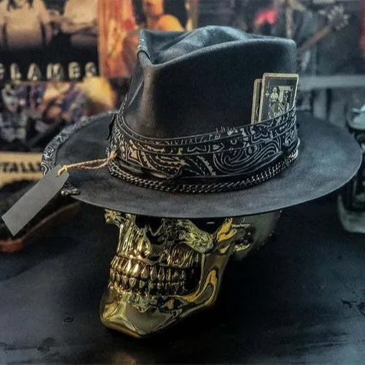 Handmade wool skull hat with conical crown design in Halloween style