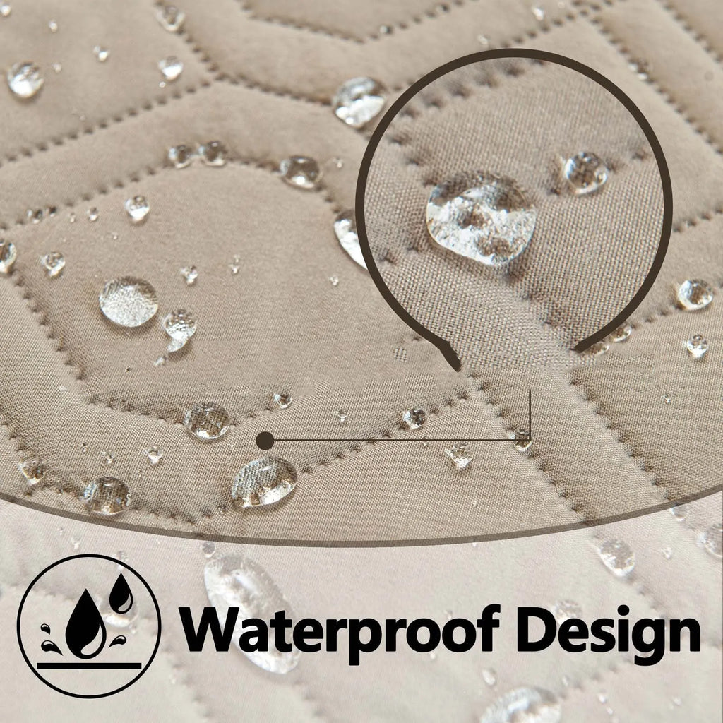 Reversible waterproof dog cushion showing dark grey and khaki colour sides, with size graphic.