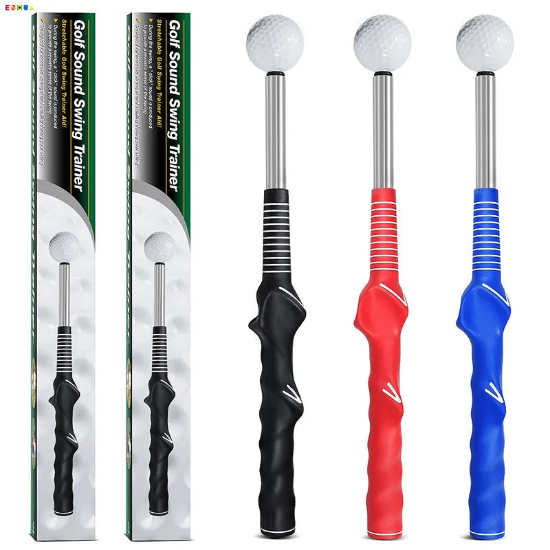 Telescopic golf swing simulator trainer in stainless steel showing black, blue, and red colour options