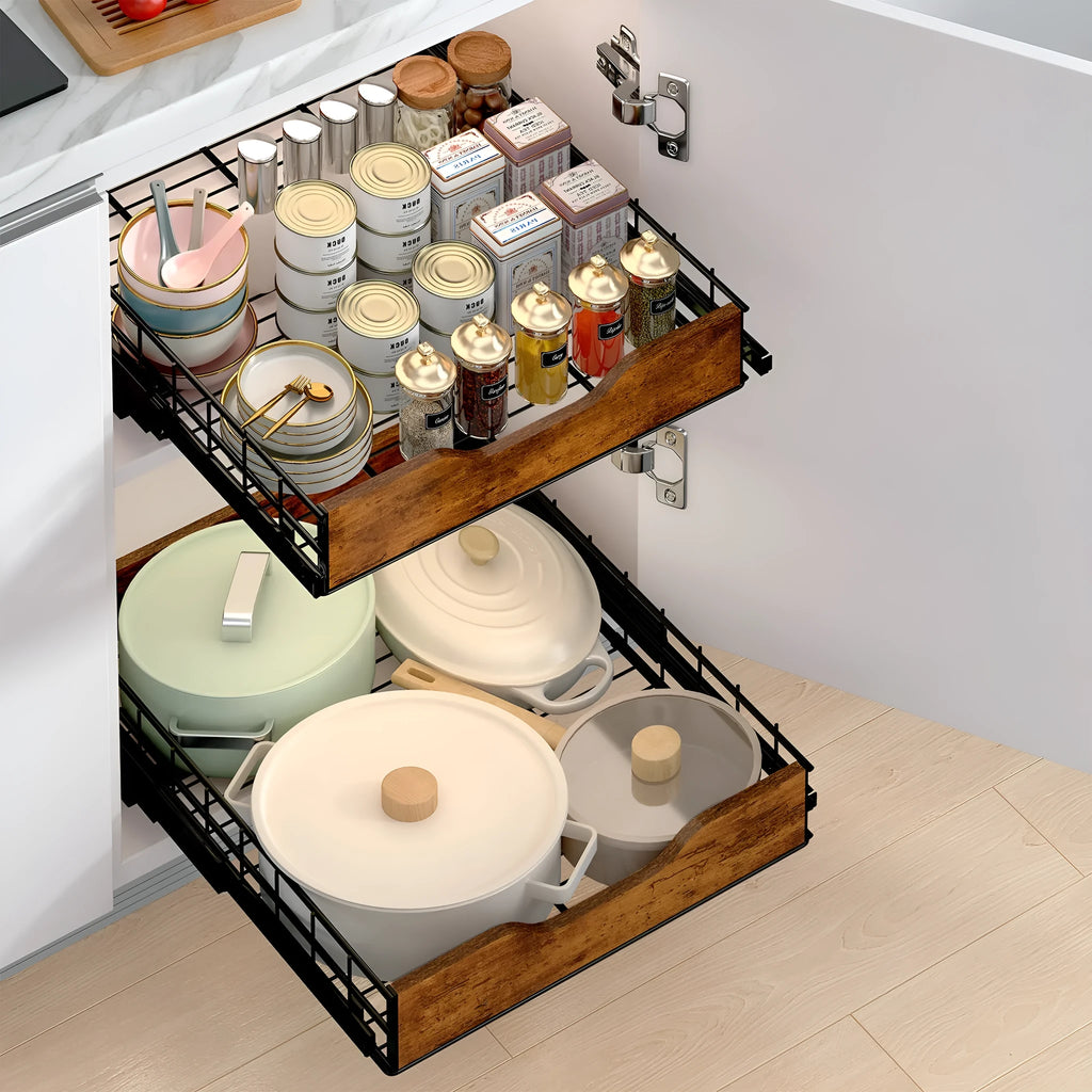 Black household storage basket drawer rack with wood and iron construction and pull basket design