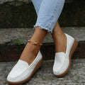 Women's flat loafer shoes in PU leather, shown in multiple colours with round toe and rubber sole.