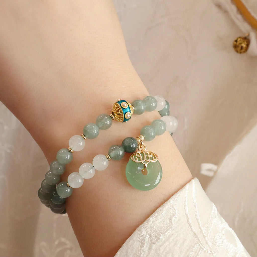 Myanmar jade bracelet with traditional Chinese peace buckle and safety clasp