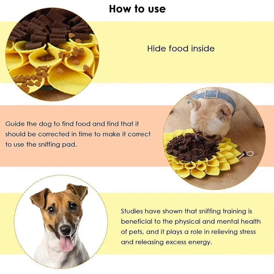 Yellow sunflower shaped dog snuffle mat with fleece petals for treat hiding games