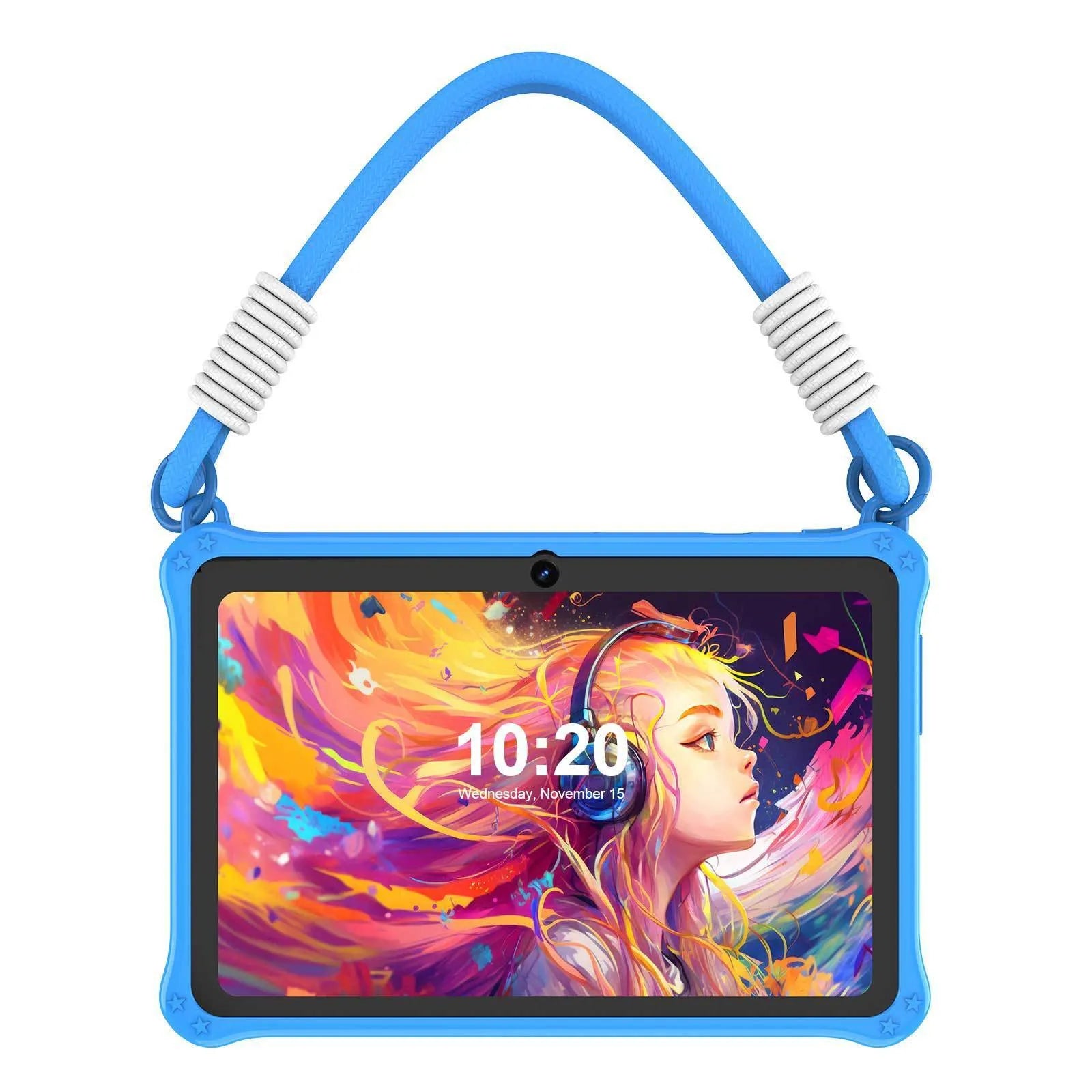 Sapphire blue silicone protective case for 7-inch children's tablet with flat carrying strap