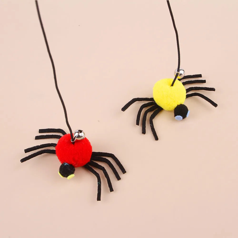 Red and yellow cat hanging door toy with elastic rope, feather playing stick, and bell spider accessory.