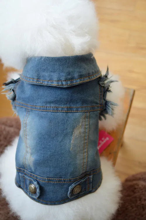 Denim pet dog vest with retro scratch pattern in dark and light colours for small breeds