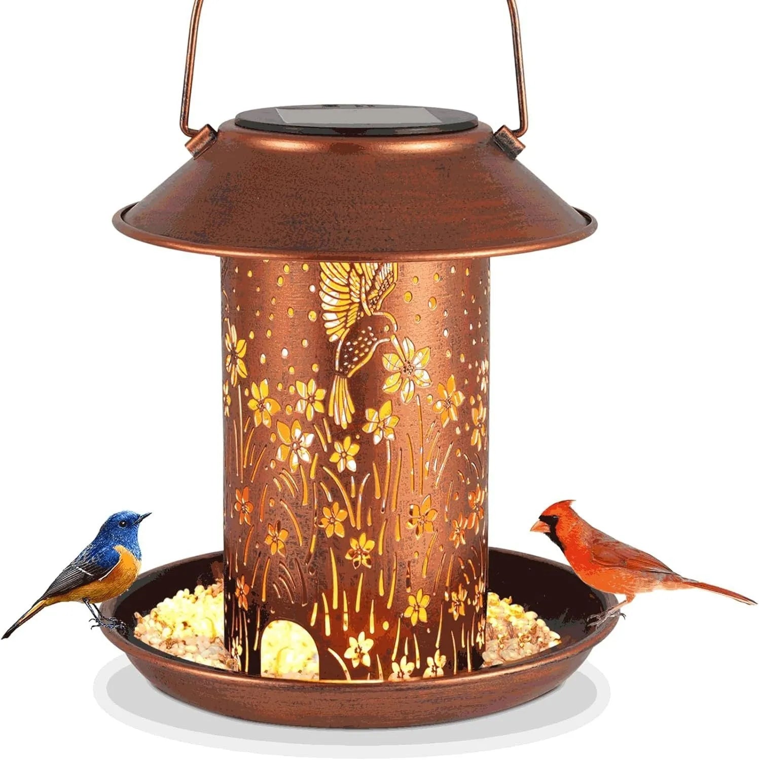 Solar-powered iron art bird feeder lamp in hummingbird pattern with waterproof outdoor construction