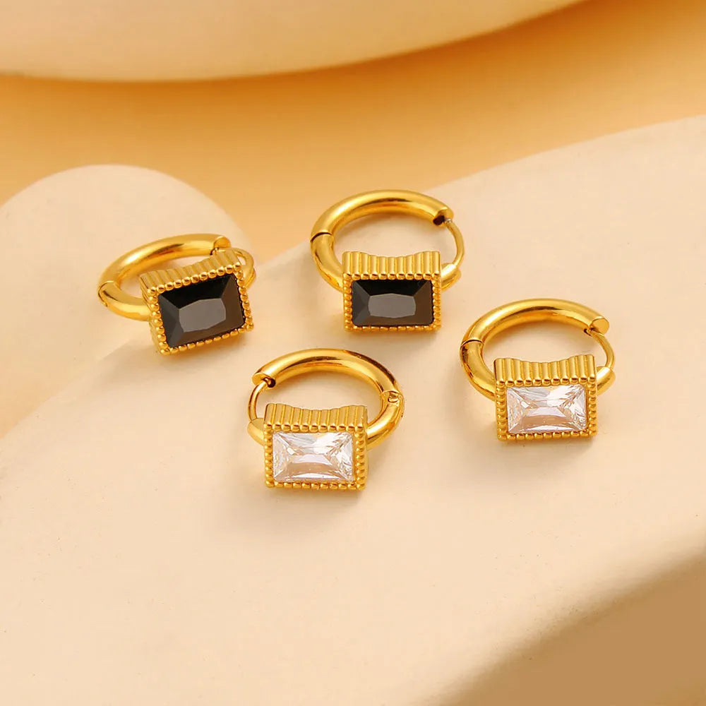 Women's stainless steel earrings with square zircon geometry design in black, green or white
