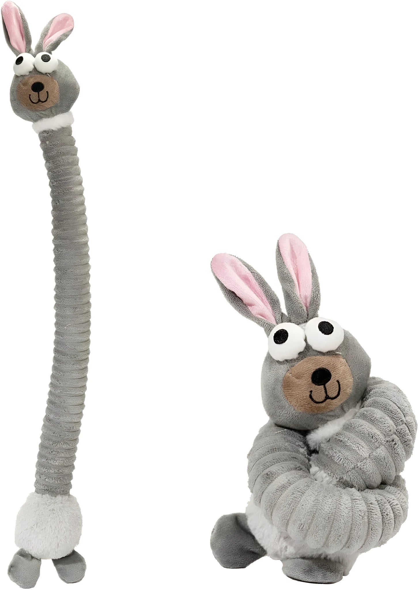 Plush stuffed dog toy with squeaker and crinkle material in brown, grey, or yellow colour