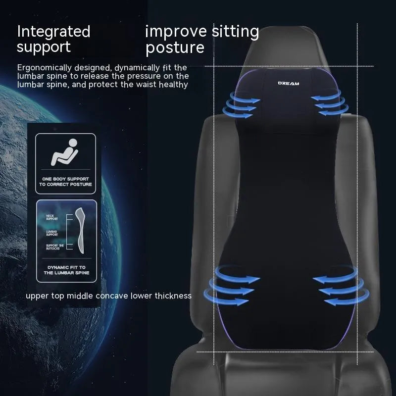 Black automotive memory foam cushion and headrest lumbar support pillow set on a car seat.