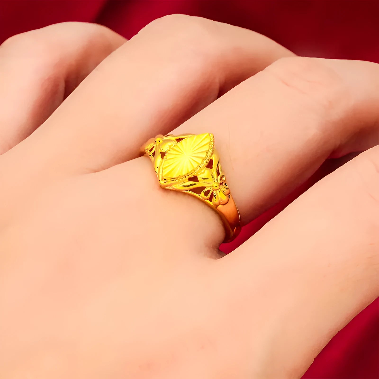 Gold electroplated brass ring with open diamond flower design and alluvial texture pattern