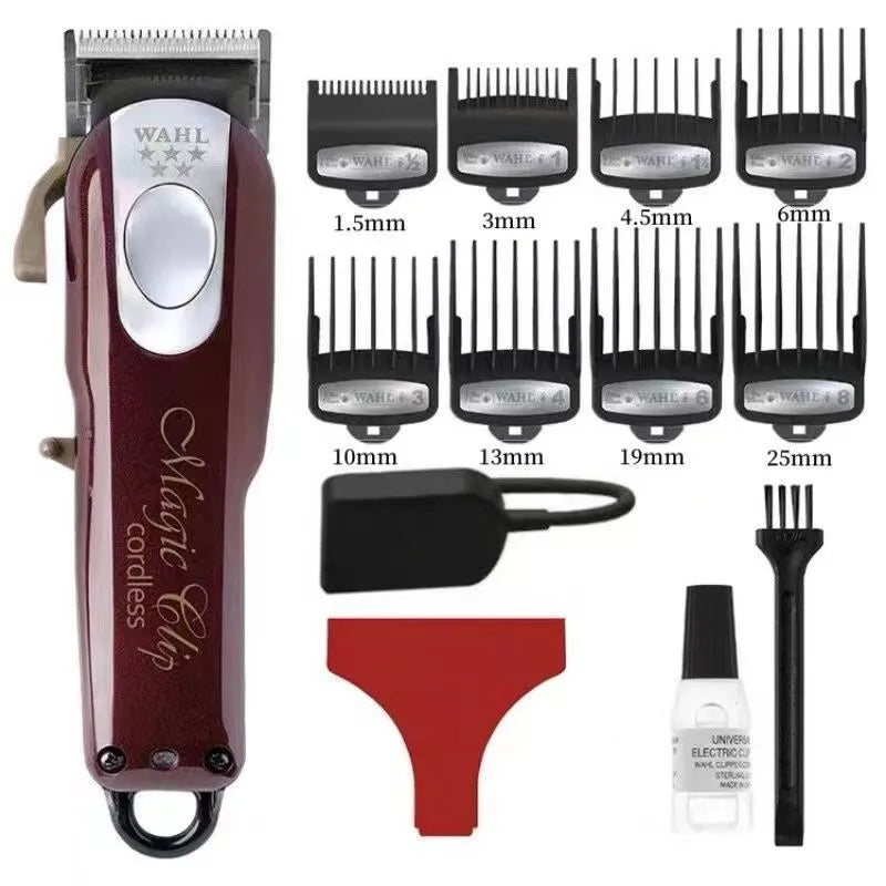 Hair clippers trimmer set with charging base, stainless steel cutter head, and UK US EU plug options