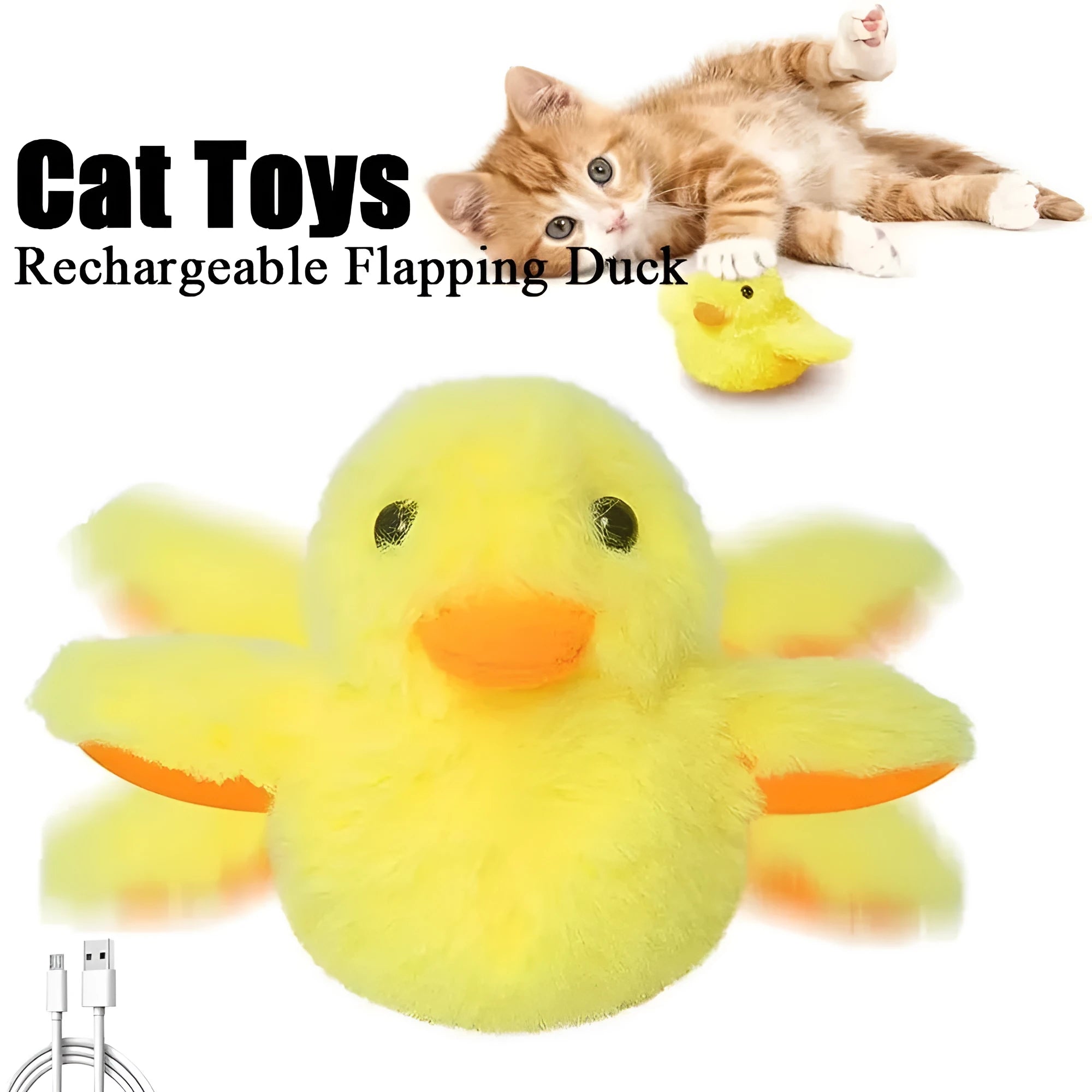 Yellow chick-shaped flapping duck cat toy with plush fabric on a floor.