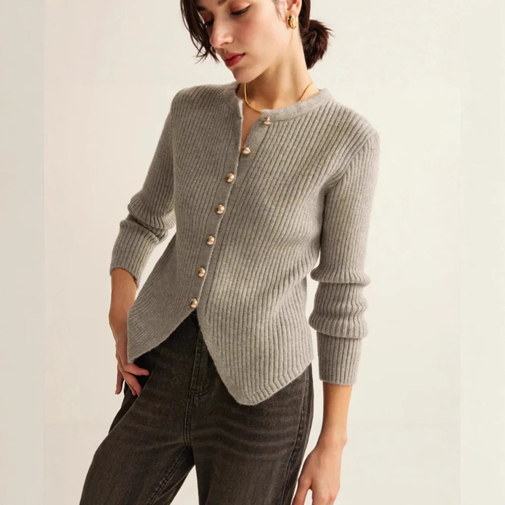 Yuan collar cardigan sweater in solid red colour, loose fit, on a hanger