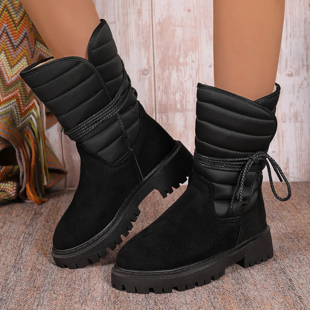 Women's black suede snow boots with chunky heel, lace-up front, and fleece lining.