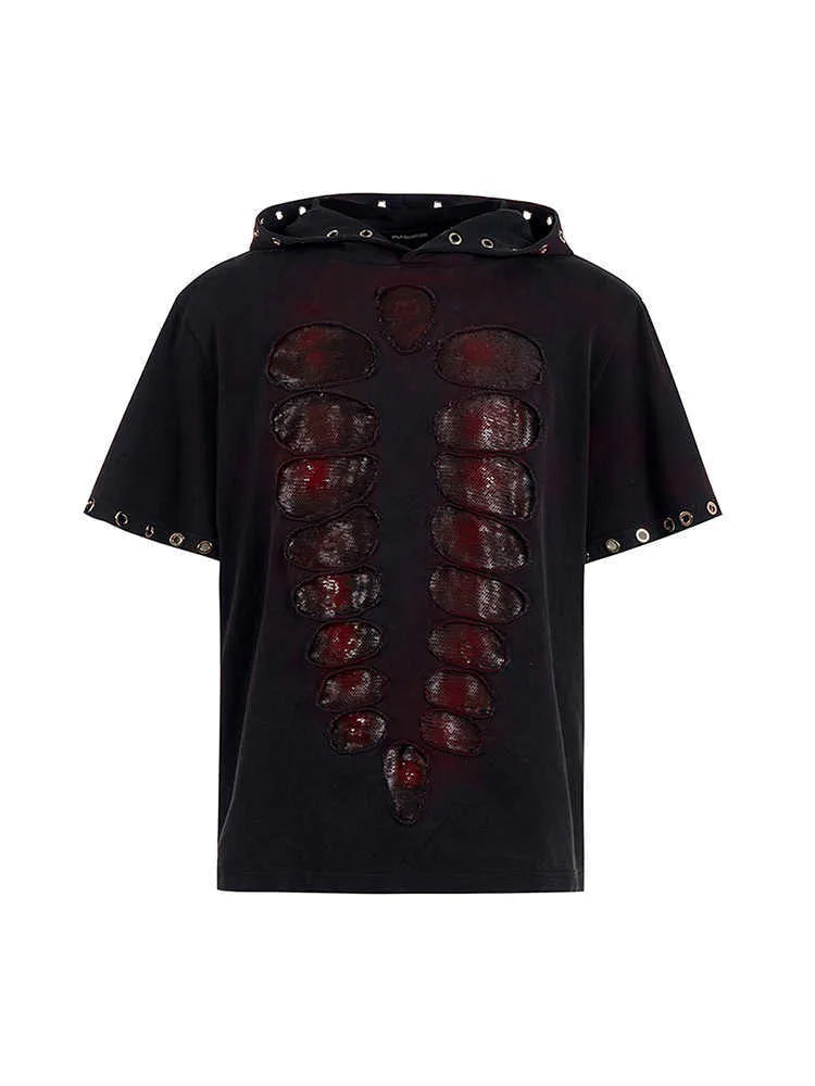 Men's black loose-fit short-sleeve T-shirt with a hood and sequin decoration