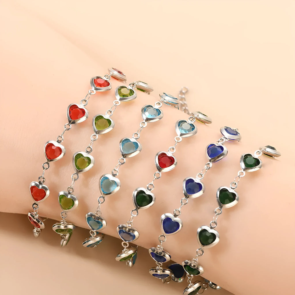 Devil's Eye geometric heart bracelet in stainless steel, shown in colourful, blue, green, or red electroplated finish