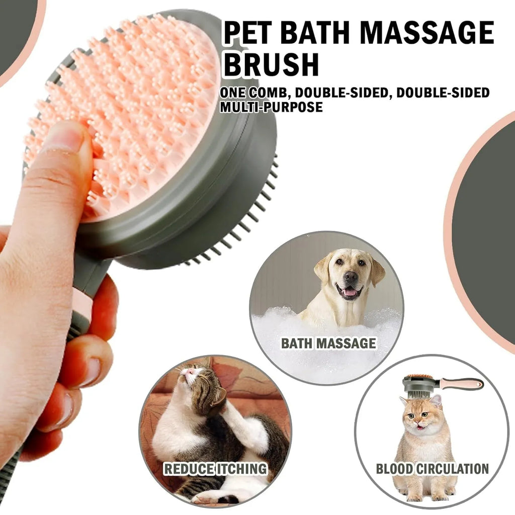 Pink and green double-sided cat brush with release button and attached flea comb