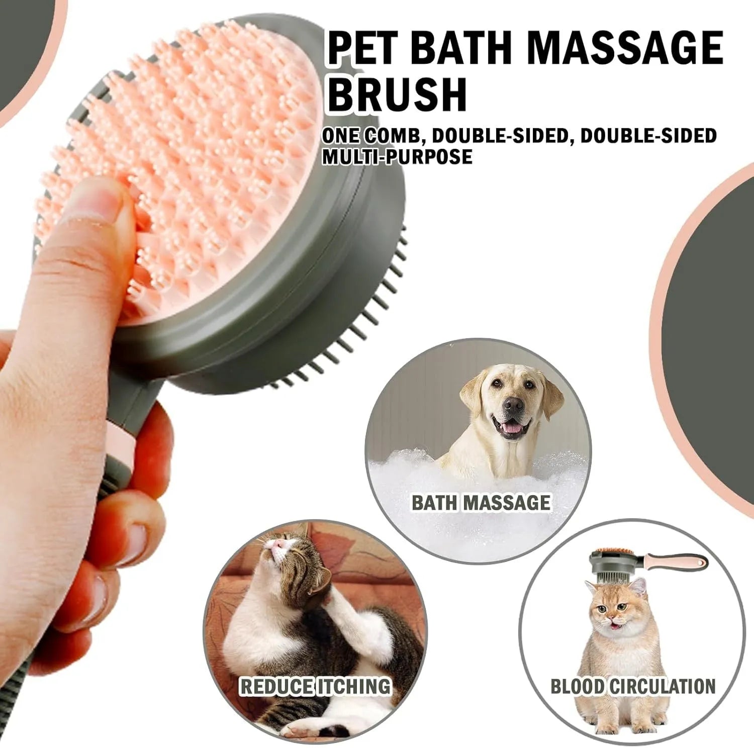 Pink and green double-sided cat brush with release button and attached flea comb
