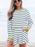 Black stripe long sleeve blouse and loose shorts set with contrast ribbed banding detail