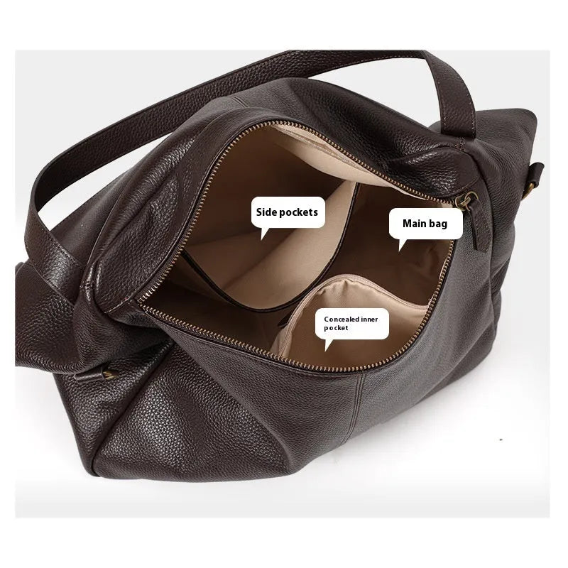 Brown genuine leather women's commuter shoulder bag with horizontal square design and zippered interior compartment