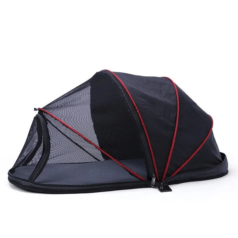 Folding portable cat tent with half-mesh sides in blue or black colour option.