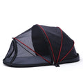 Folding portable cat tent with half-mesh sides in blue or black colour option.