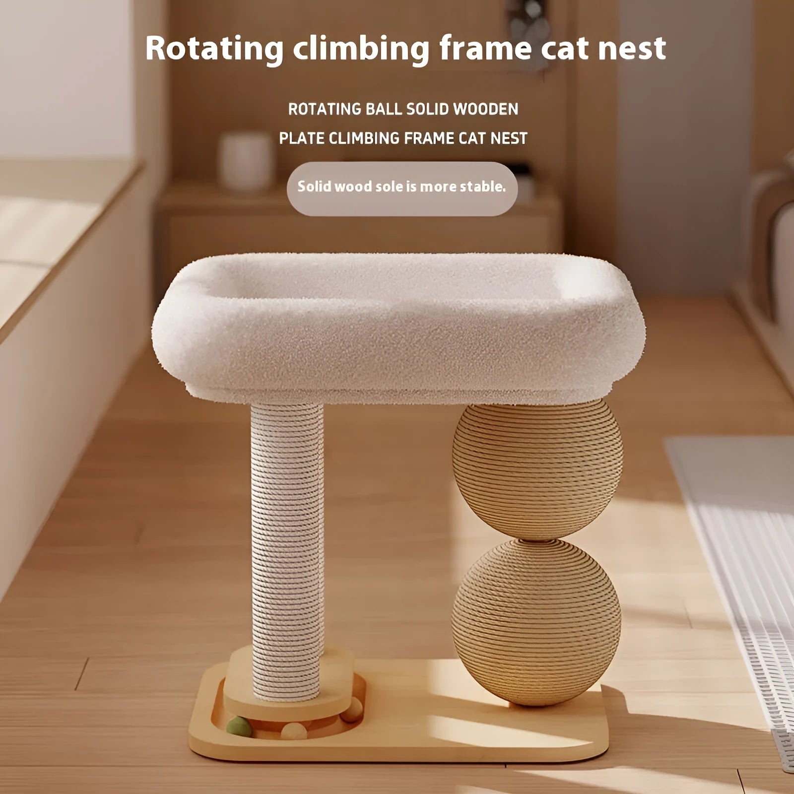 Pine wood cat nest bed with built-in grasping balls in three style variants.