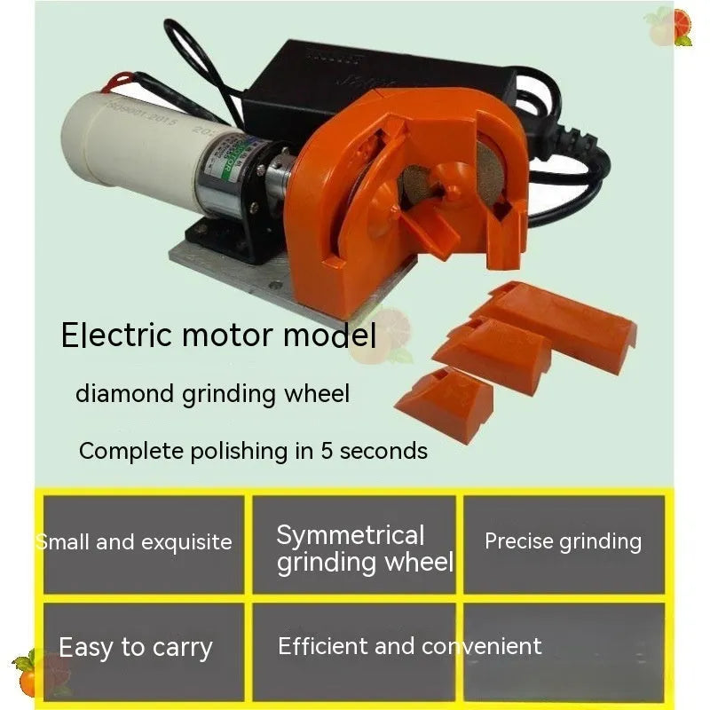 Portable grinding drill tool with orange and black irregular-shaped sander grinding wheels