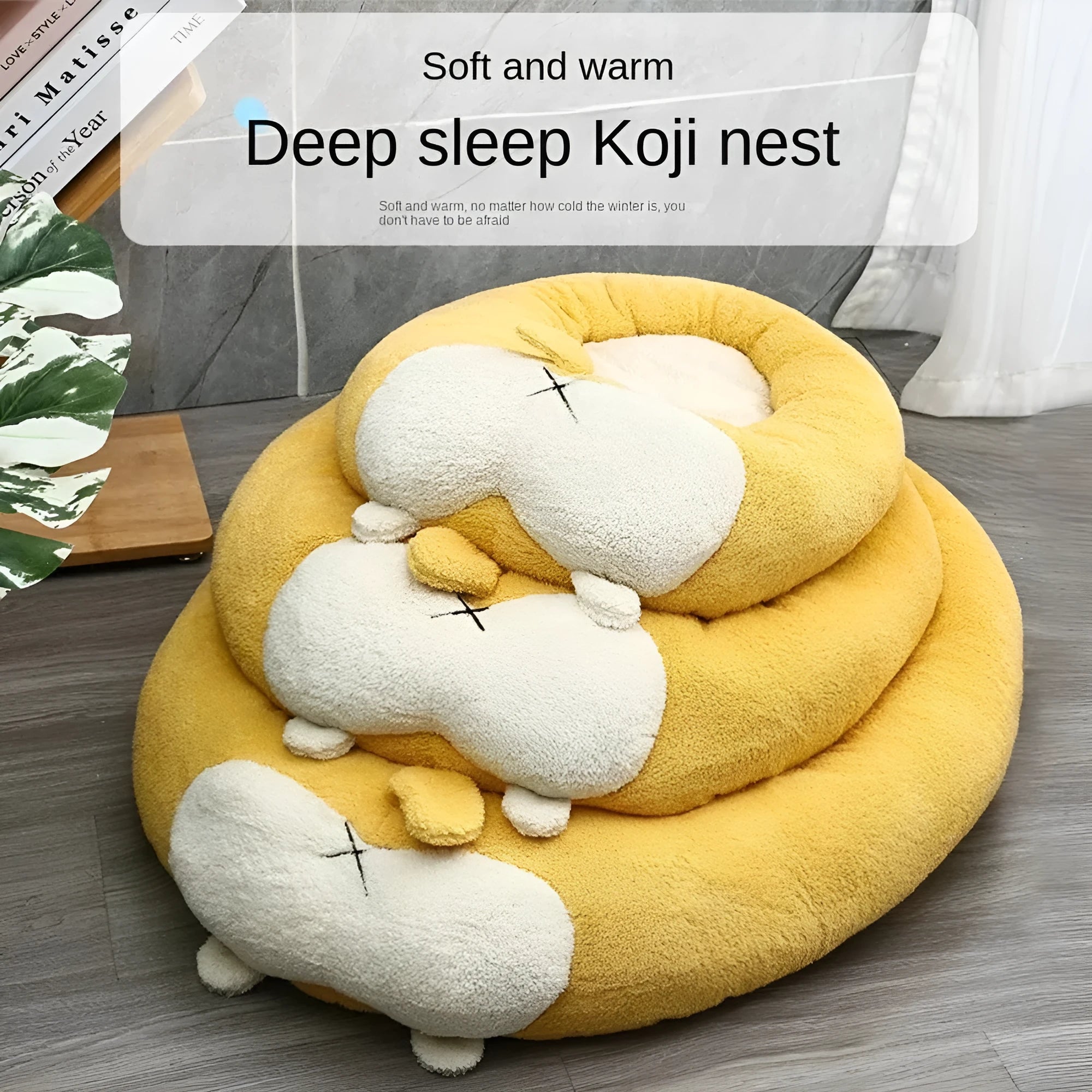 Brown and white corgi-shaped plush pet bed for dogs or cats on a wooden floor.