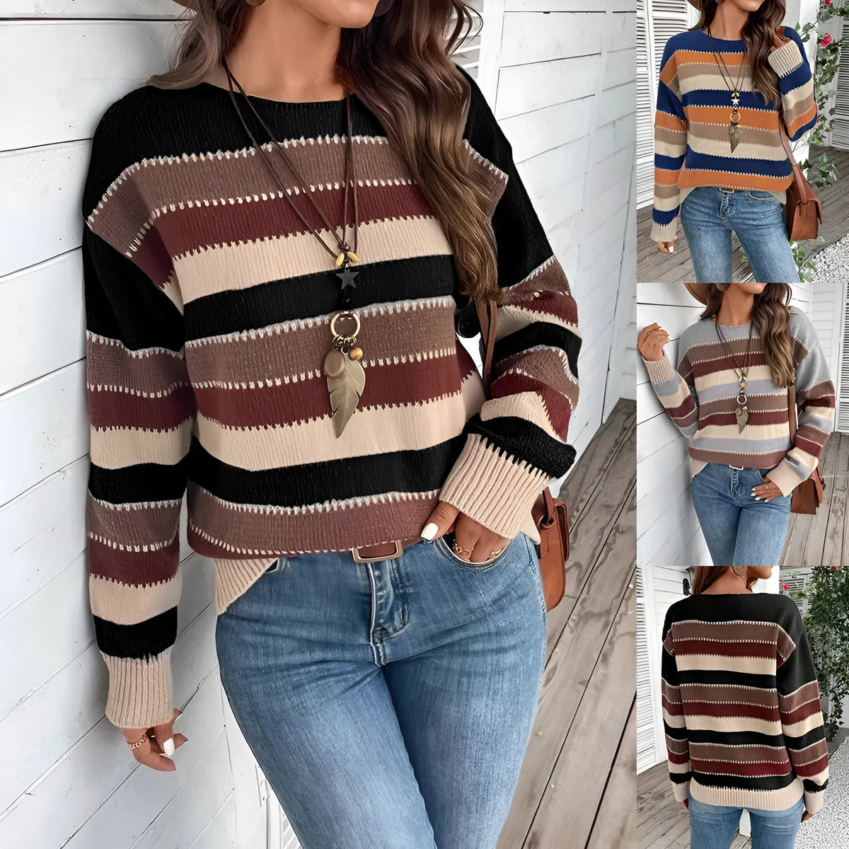 Women's colour-block striped polyester pullover sweater in casual style with long sleeves