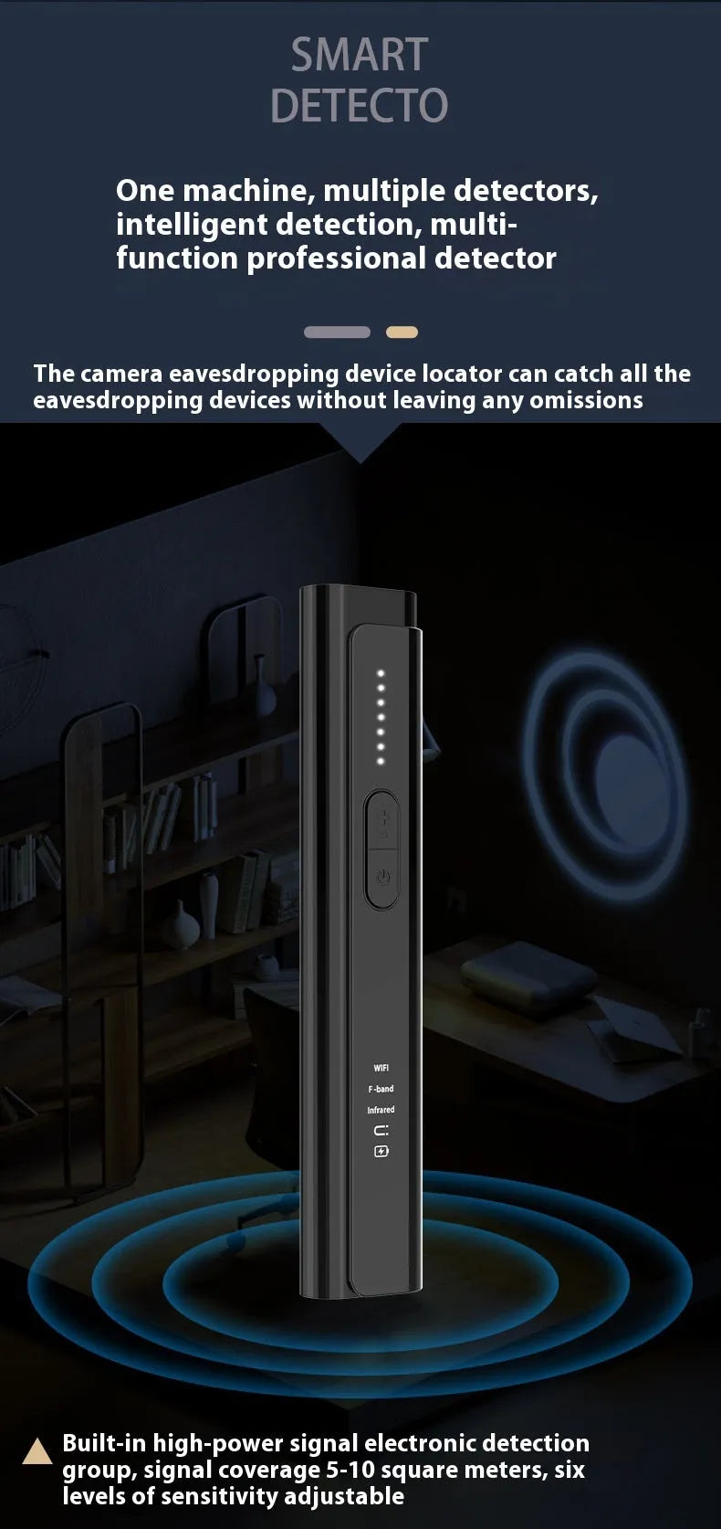 Signal Search anti spy camera detector in black or silver measuring 160mm by 88mm by 47mm