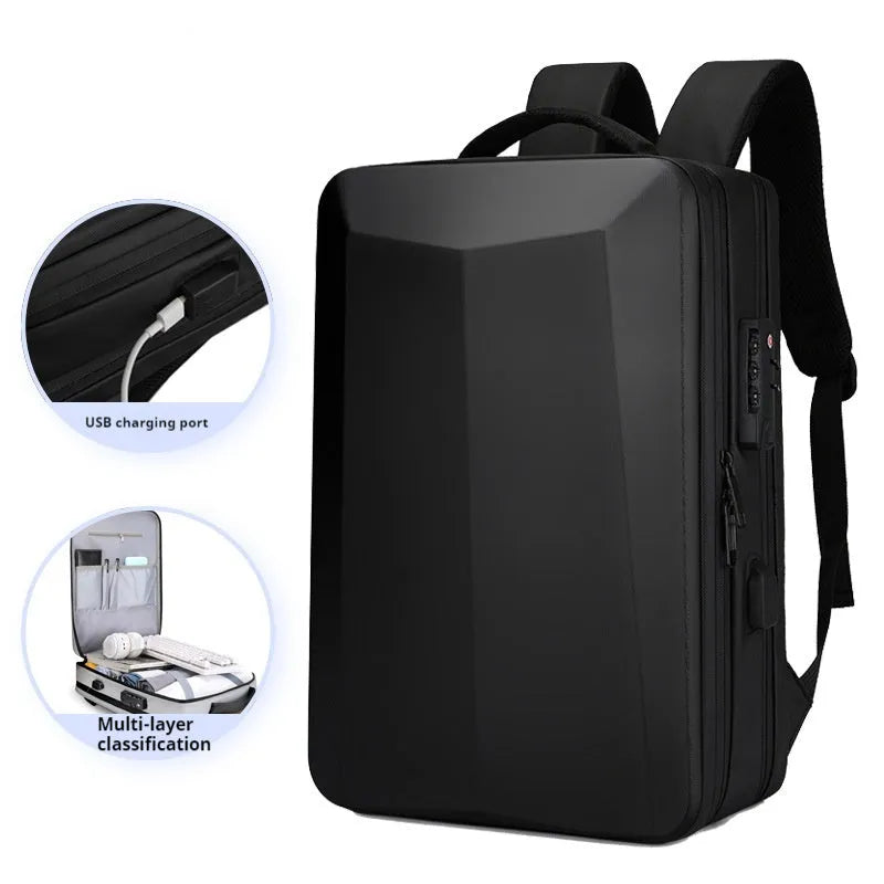 Men's waterproof business backpack with curved shoulder straps in black and silver white colour options