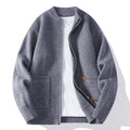 Men's straight-cut striped cardigan jacket in a chemical fibre blend, shown in beige colour.