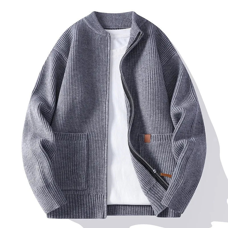 Men's straight-cut striped cardigan jacket in a chemical fibre blend, shown in beige colour.