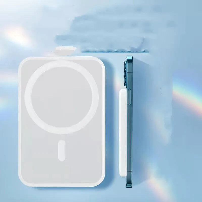 White wireless magnetic charging power bank with 5000mAh capacity and creative PVC casing design