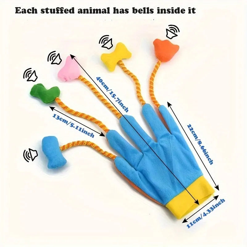 Yellow and blue magic glove cat teaser wand with plush toy and bell measuring 40 cm