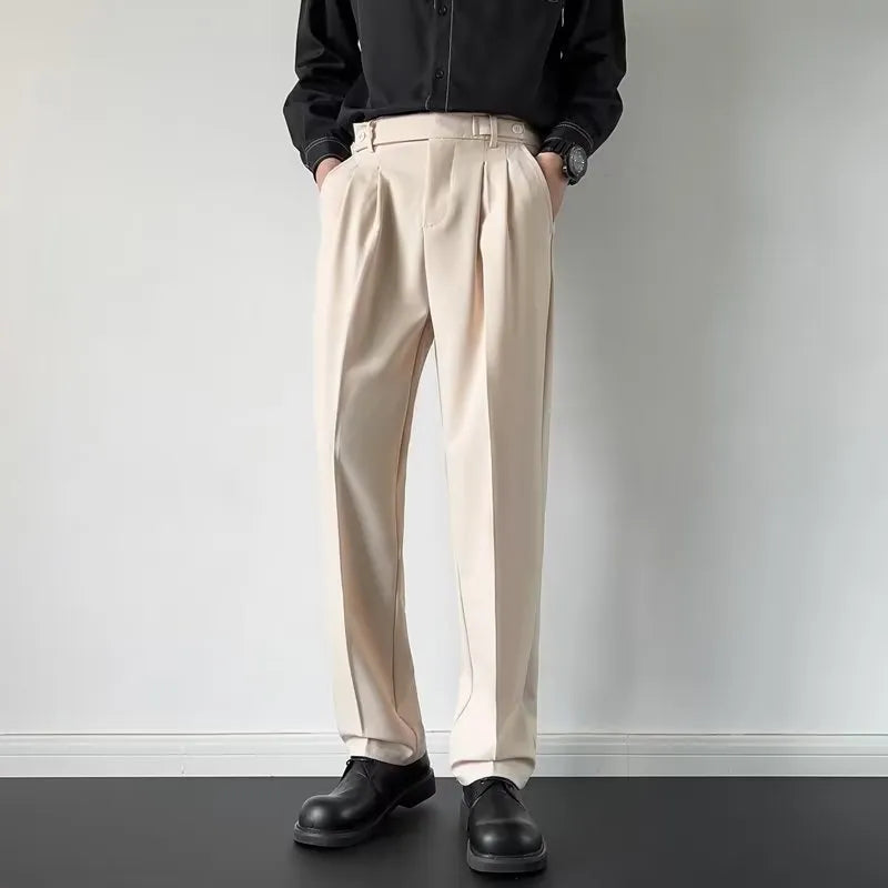 Men's straight-leg loose fit suit trousers in polyester fabric, available in apricot and black colours