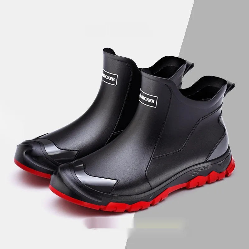Short tube PVC wading shoe with round toe and non-slip plastic sole on a wet surface.