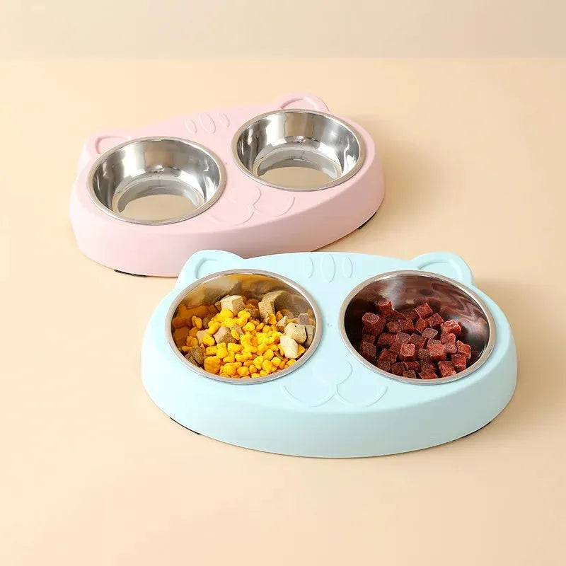 Macaron-shaped plastic double bowl pet feeder in blue colour with separate food and water compartments